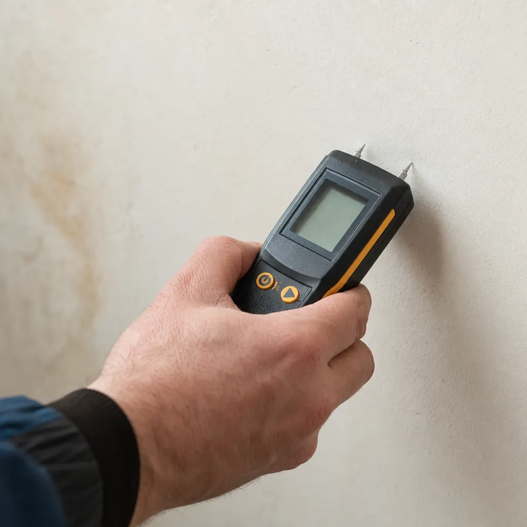 Expert en bâtiment réalisant un diagnostic avec un humidimètre