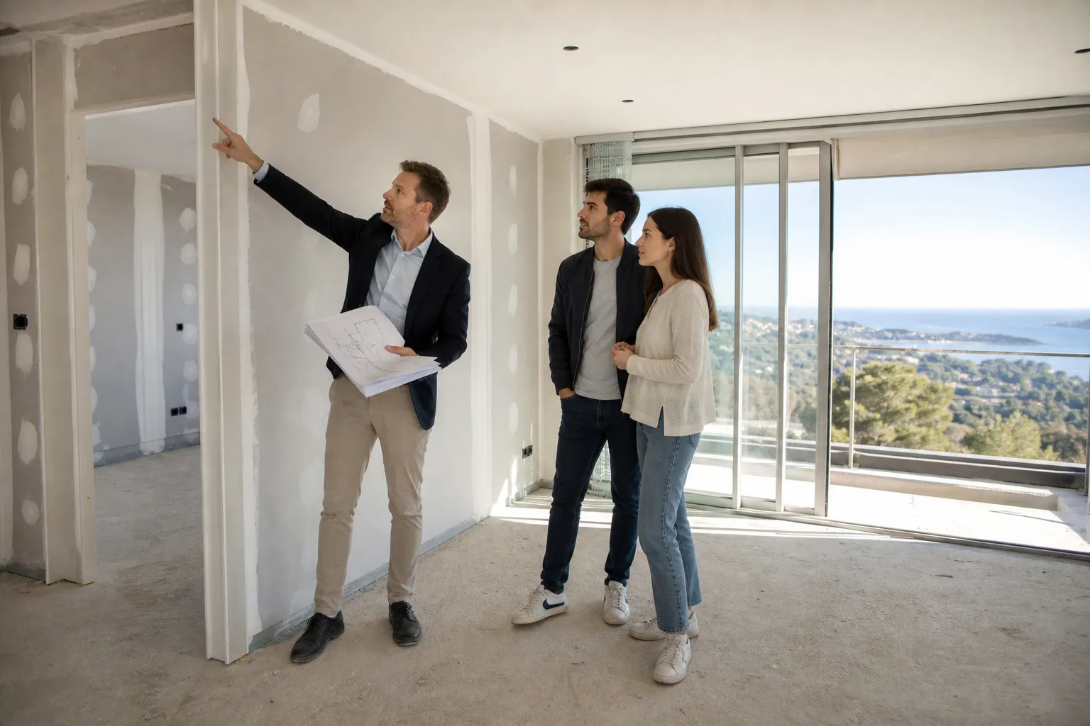 Expert en bâtiment lors de la visite des cloisons d'un appartement neuf en VEFA dans les Alpes-Maritimes